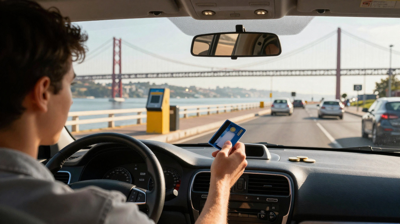 Person holding a credit card inside a car driving along a waterfront road with a red suspension bridge ahead.