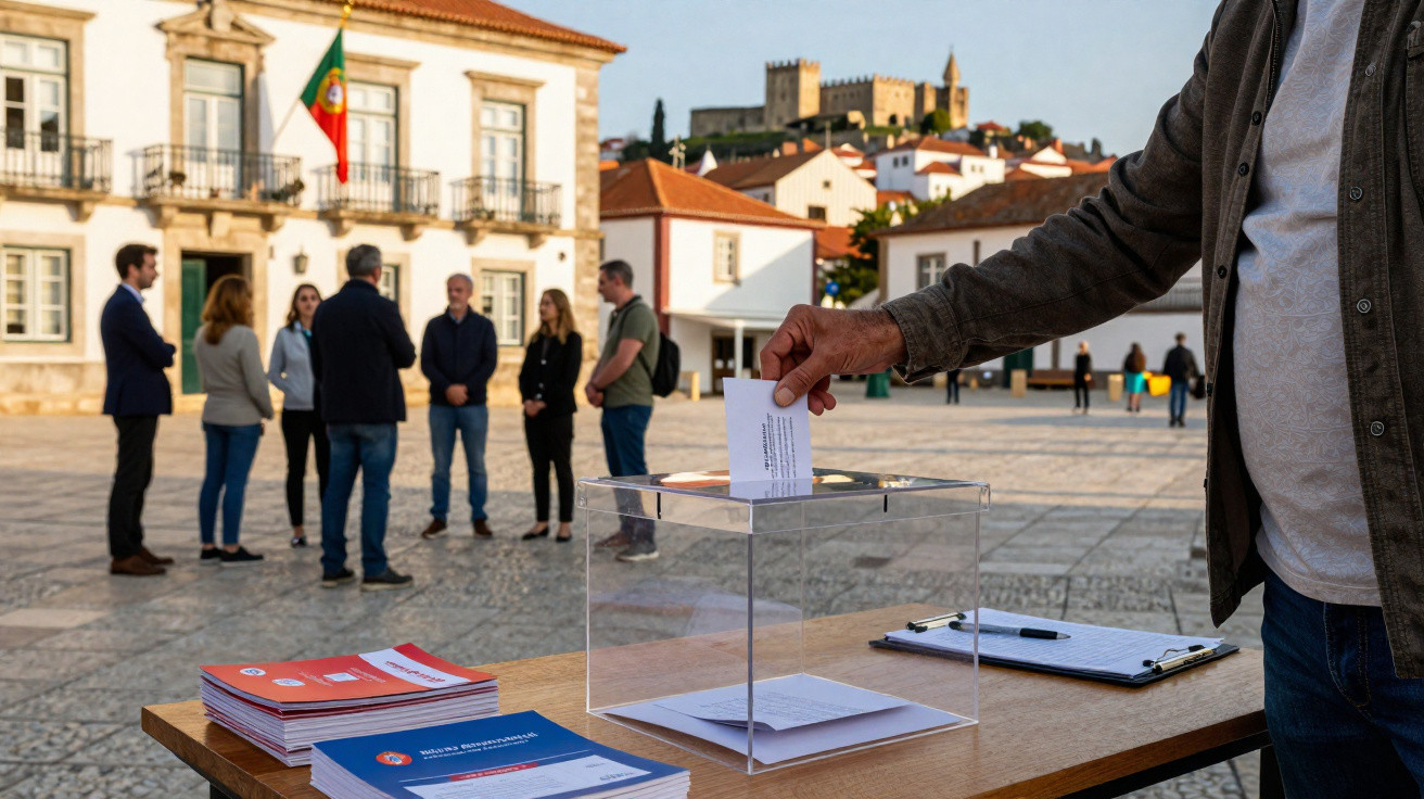 Person casting a vote in a transparent ballot box outdoors with a group and historic buildings in the background.