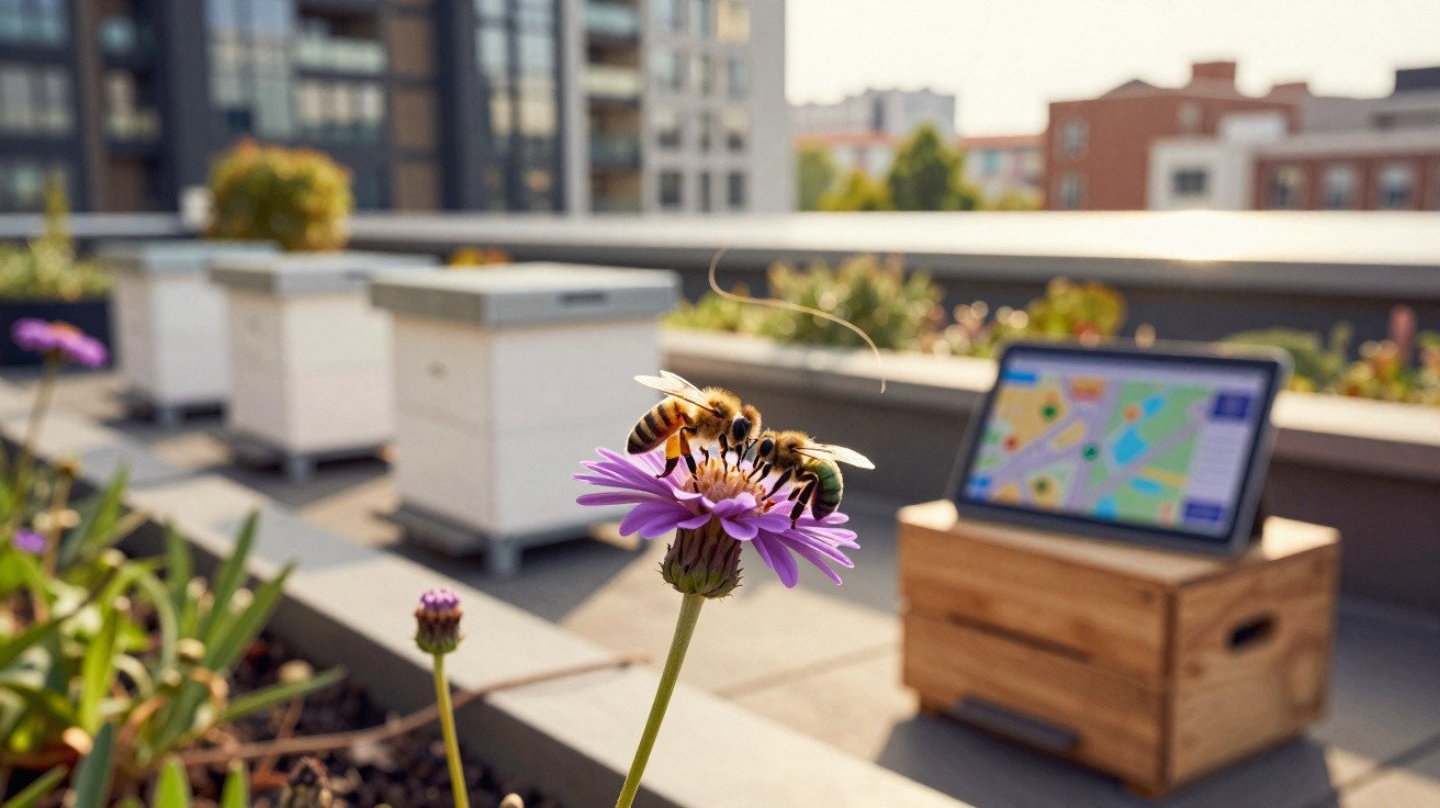Two bees collecting nectar from a purple flower on a city rooftop with beehives and a monitor in the background.