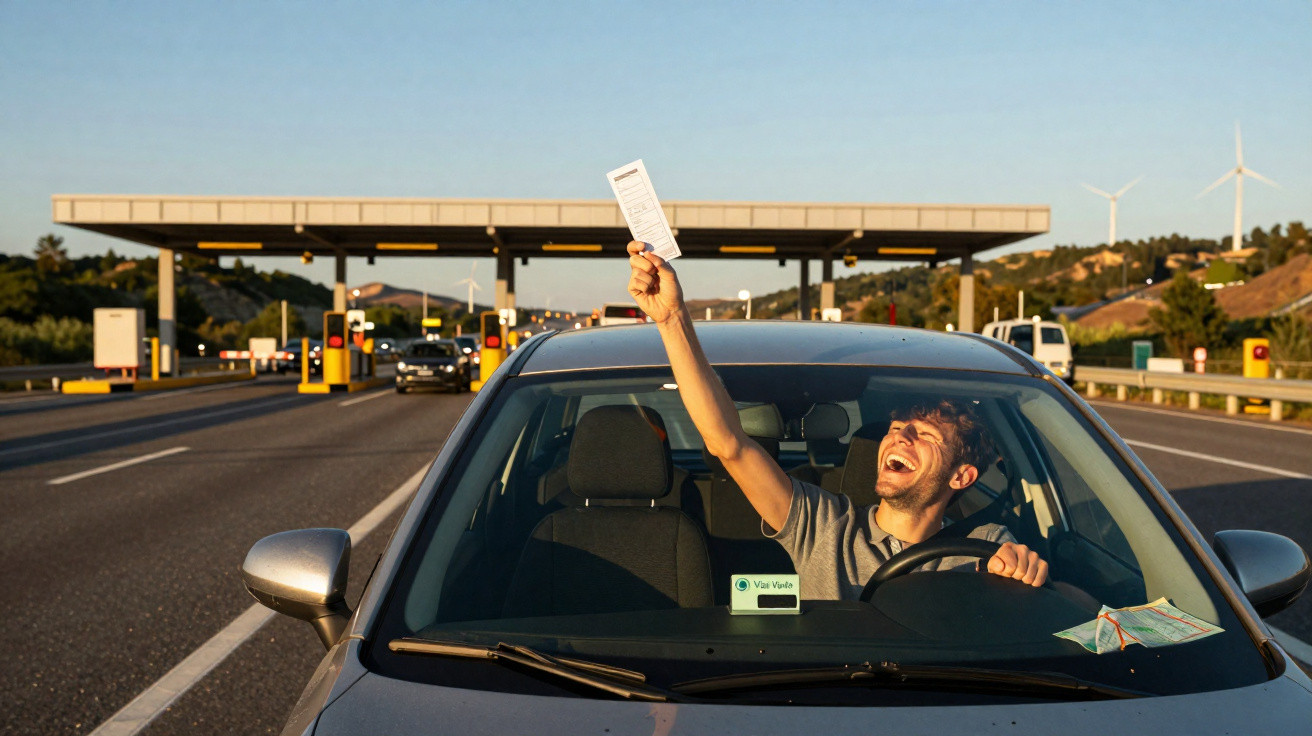 Man in car smiling and raising a toll ticket at a toll booth on a sunny day.