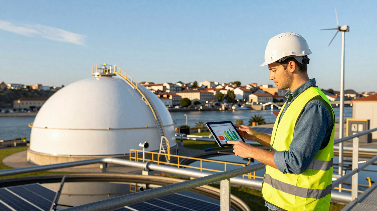 Engineer in hard hat and hi-vis jacket using tablet at renewable energy facility with solar panels and wind turbine.