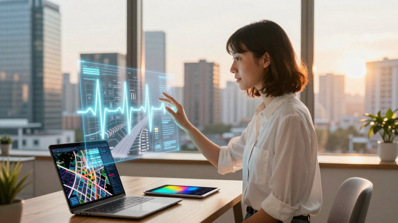 Woman interacting with virtual digital health data above a city map on a laptop in an office at sunset.