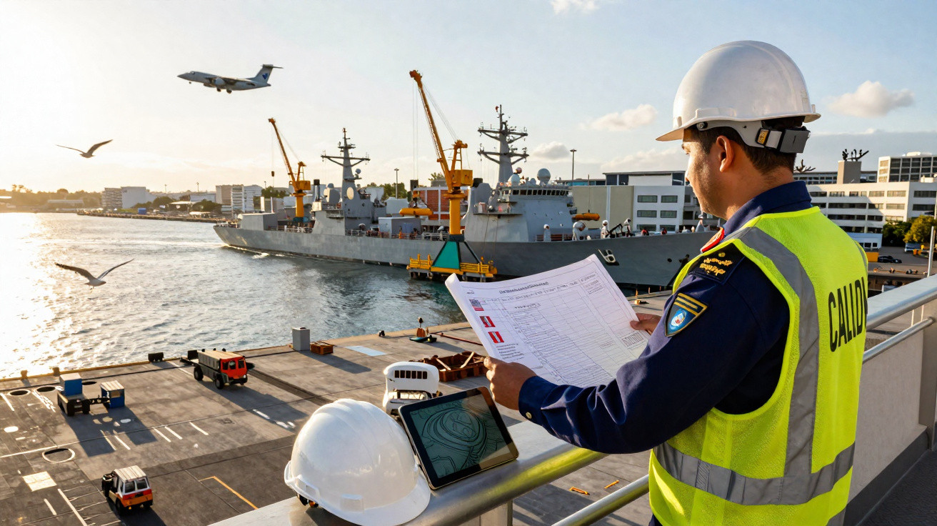 Man in safety vest and helmet checks documents at port with naval ship, seagulls, and plane in background at sunset.