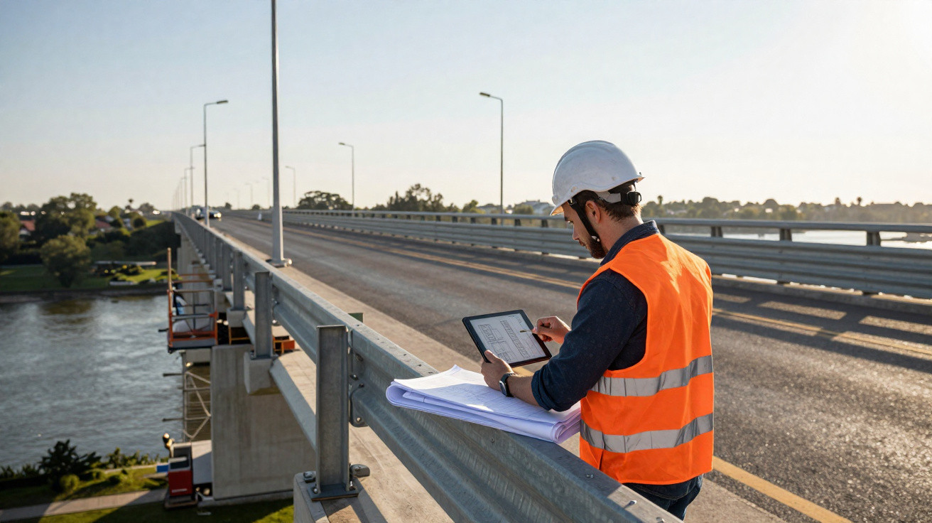 Engineer in a hard hat and orange vest inspecting bridge plans and using a tablet on a sunny day
