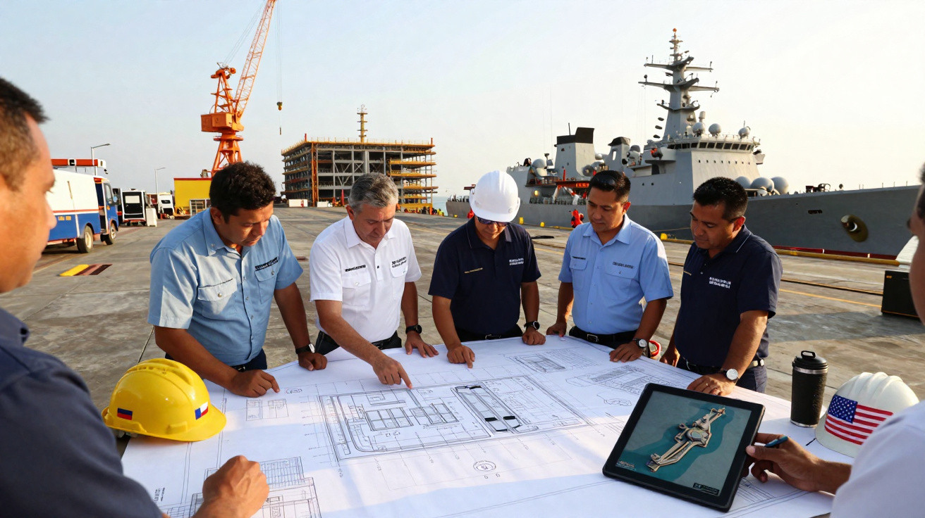 Group of engineers and workers reviewing blueprints on a dockyard with a naval ship and construction crane in the background.