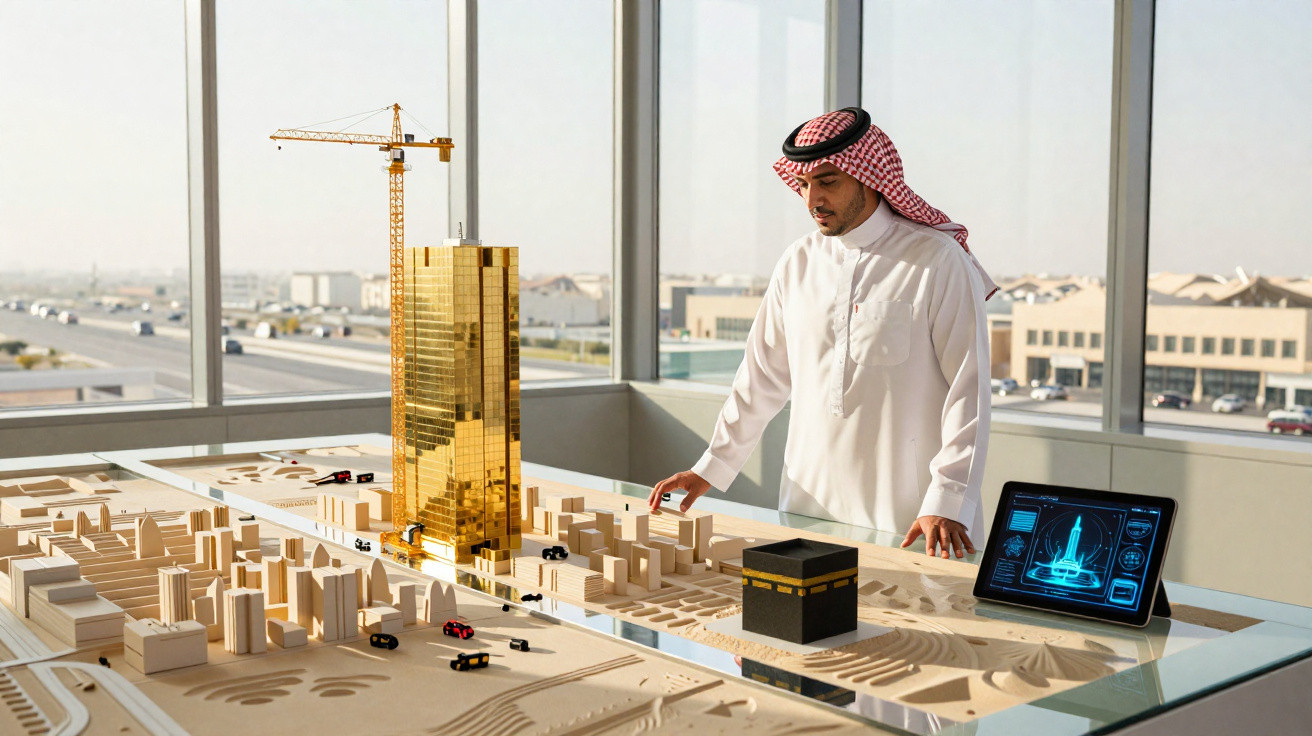 Man in traditional Middle Eastern attire examining a detailed architectural model with a tablet on a table.