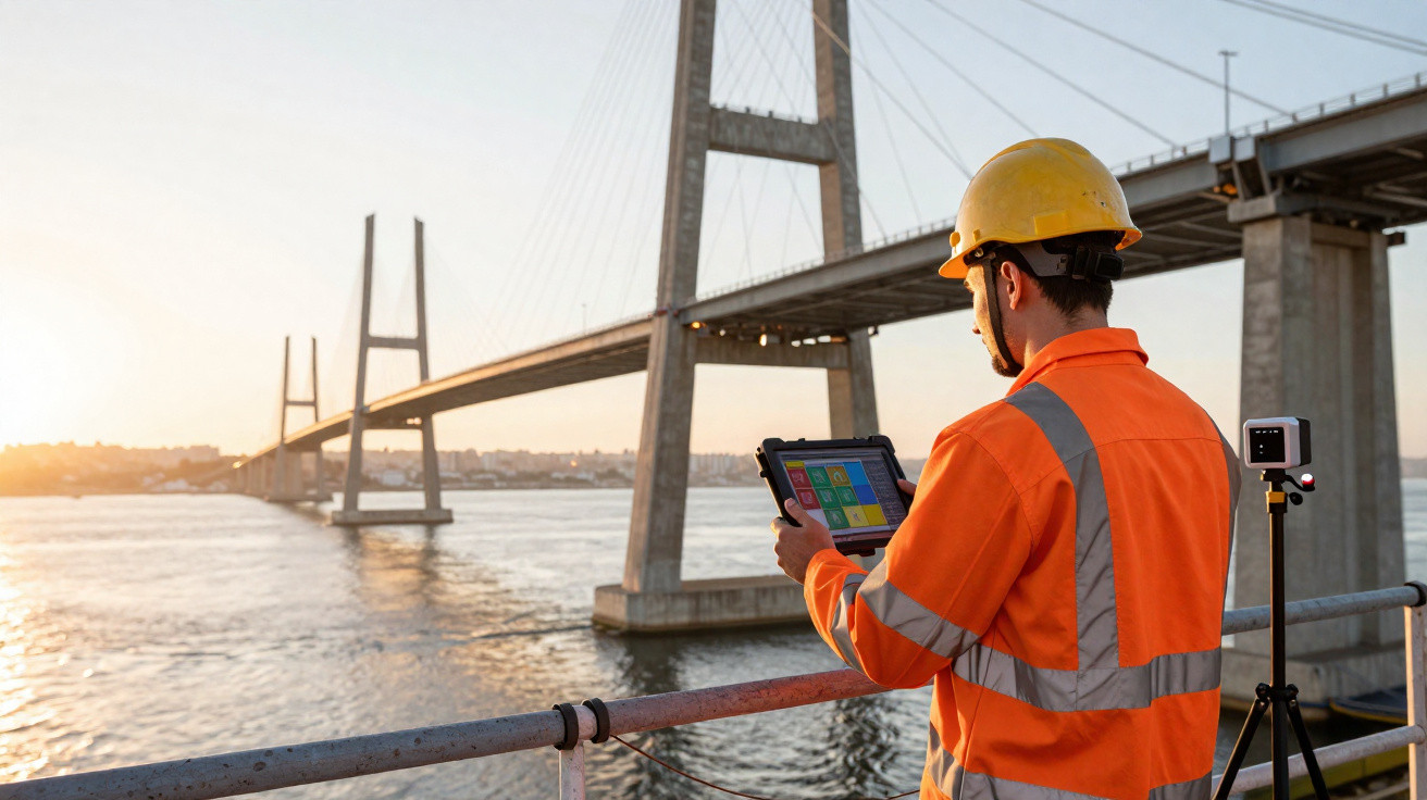 Engineer in high-visibility gear and hard hat inspecting a bridge using a tablet at sunset.