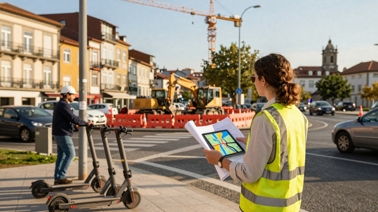 Construction worker in a high-visibility vest holds plans at a busy street with scooters and roadwork in the background.