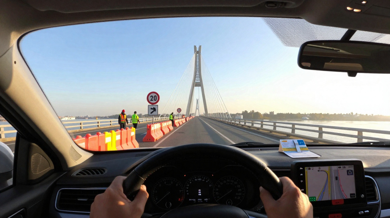 View from driver’s seat crossing a cable-stayed bridge with roadworkers and 20 km/h speed limit signs.