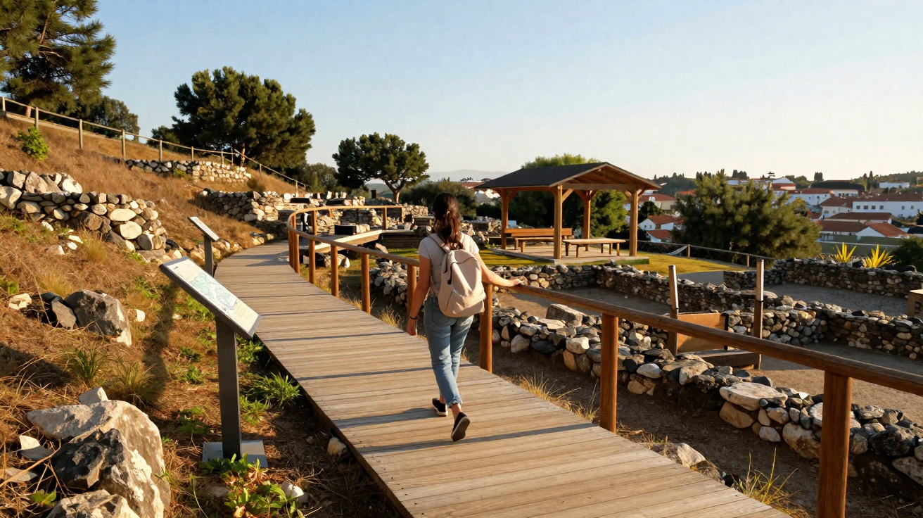 Woman with backpack walking on wooden boardwalk through archaeological site with stone ruins under clear sky