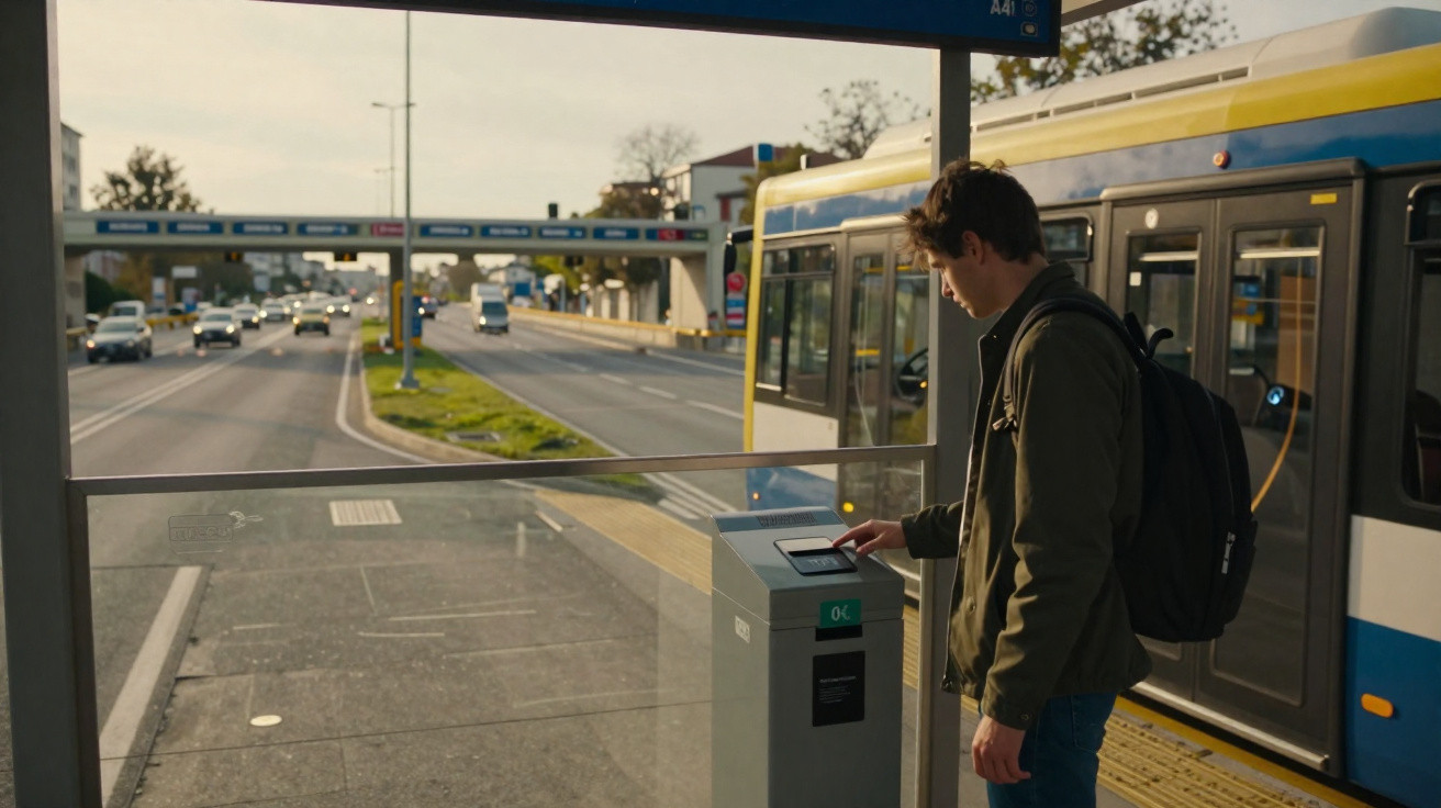Young man with a backpack validating ticket at a bus stop beside a yellow and blue bus on a busy road.