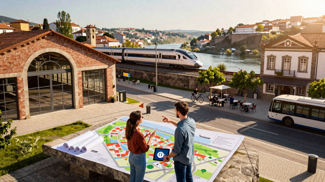 Two people examining a large map outdoors with a high-speed train passing by a river in the background.