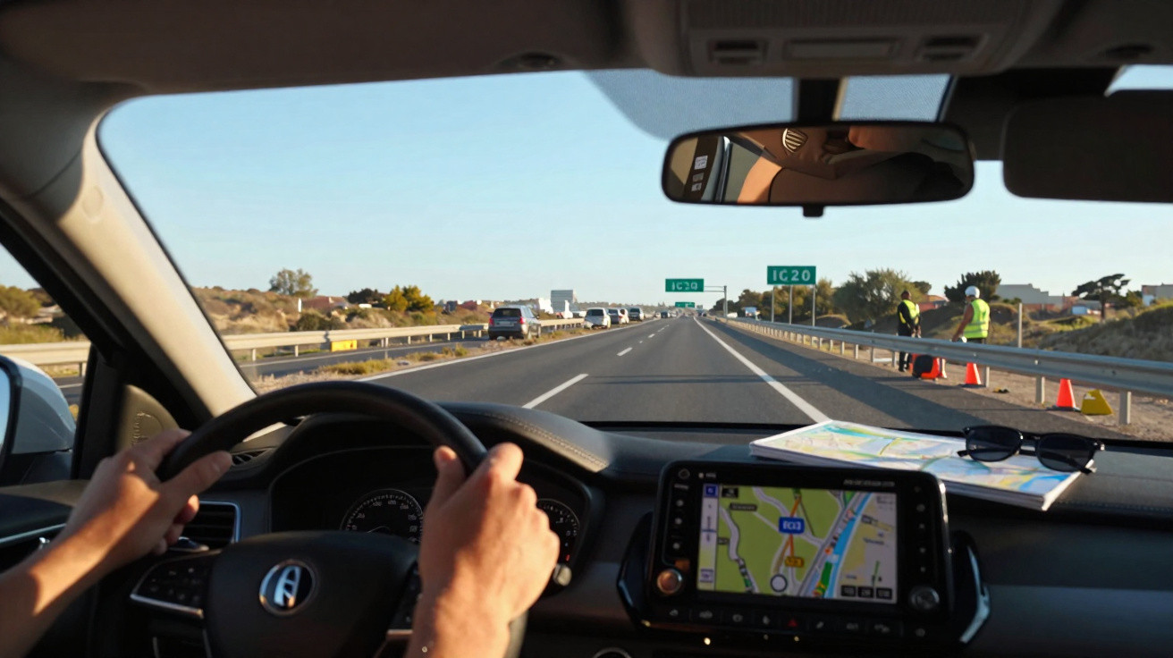 View from inside a car driving on a highway with road workers and traffic signs ahead.