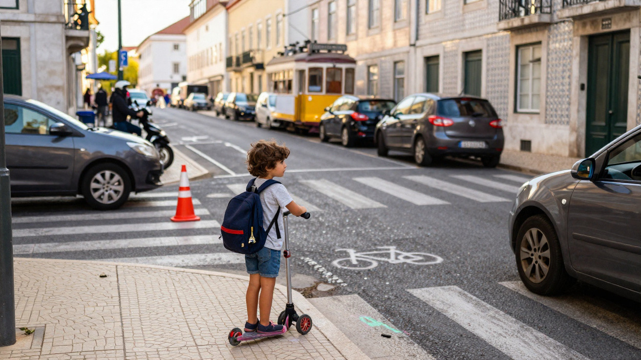 Young boy with backpack on a scooter waiting to cross a city street near parked cars and a tram.