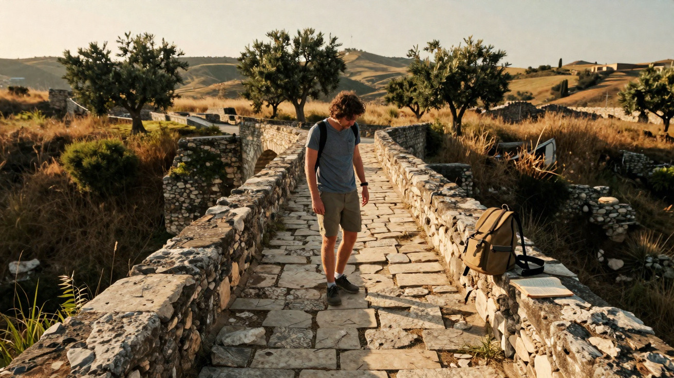Young man with backpack standing on an old stone bridge in a sunny rural landscape with olive trees.