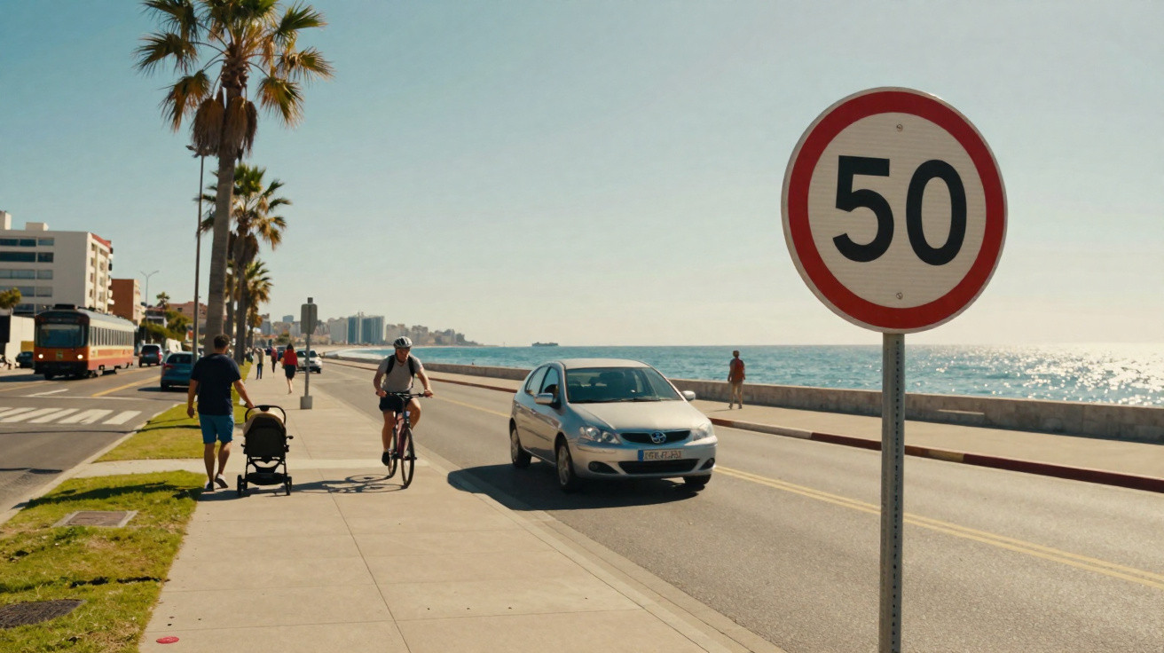 Coastal road with 50 km/h speed limit sign, car, cyclist, and pedestrians along a sunny promenade.