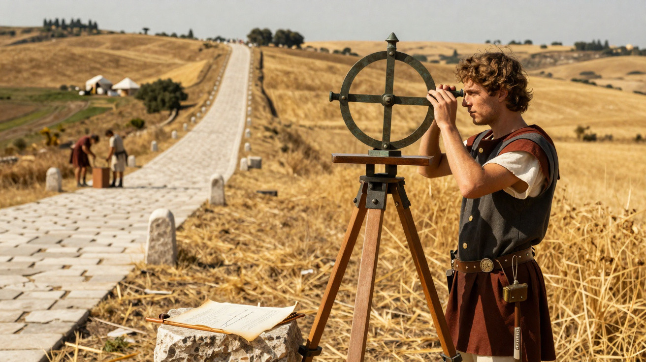 Man in historical attire using an ancient surveying instrument by a Roman road in a dry, rural landscape