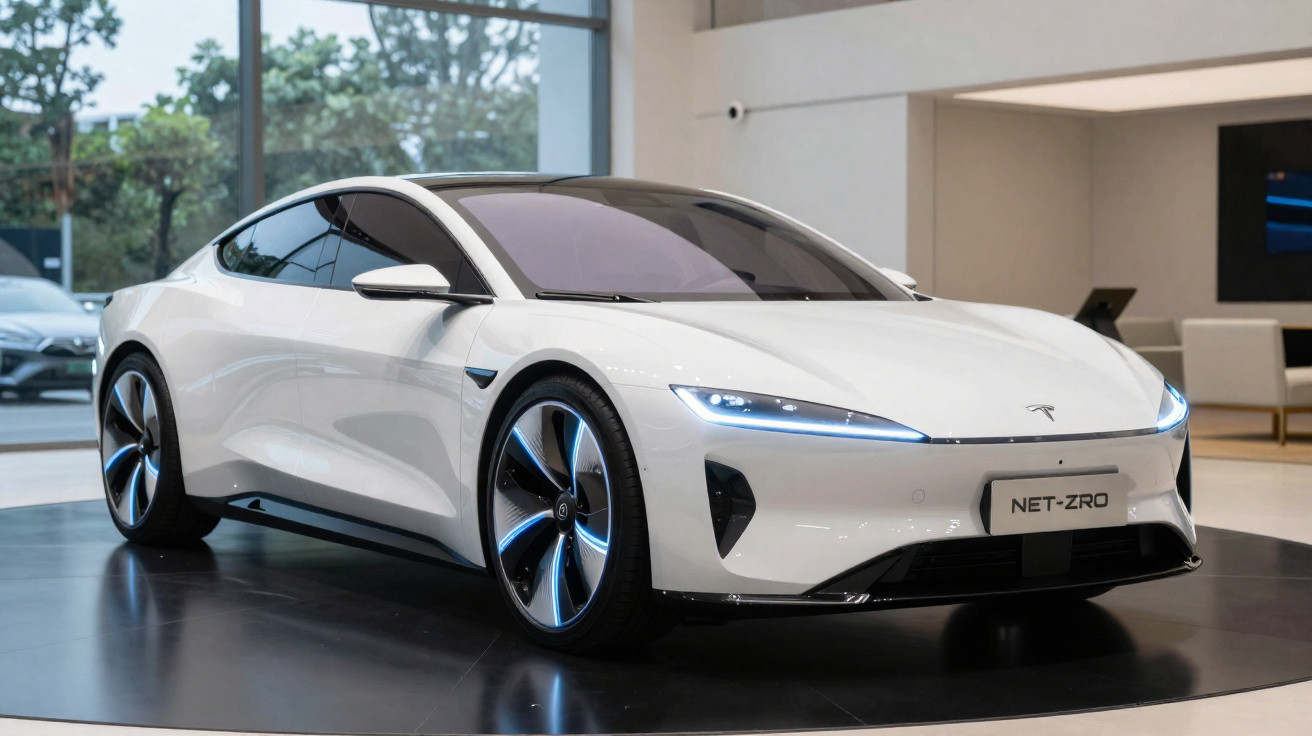 White Tesla electric sports car with sleek design and glowing headlights displayed indoors on black platform.
