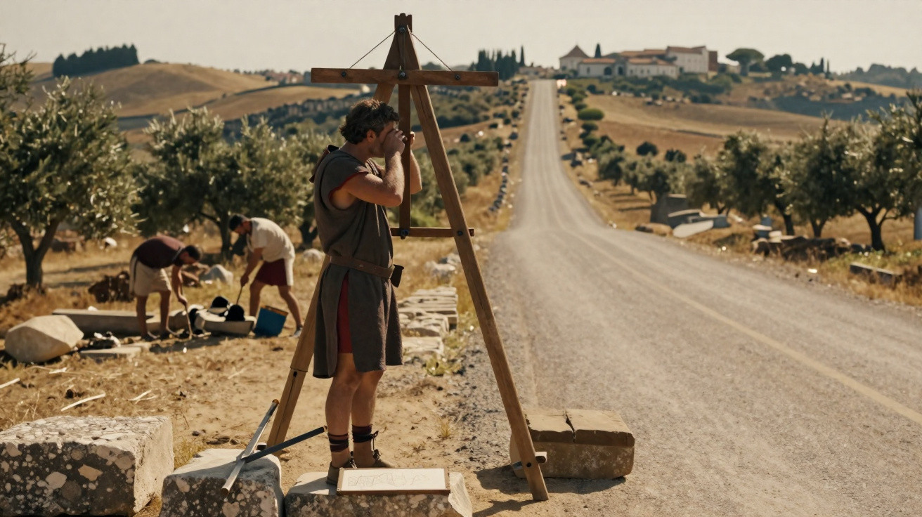 Ancient surveyor using a wooden device to measure a straight road lined with olive trees and workers in the background.