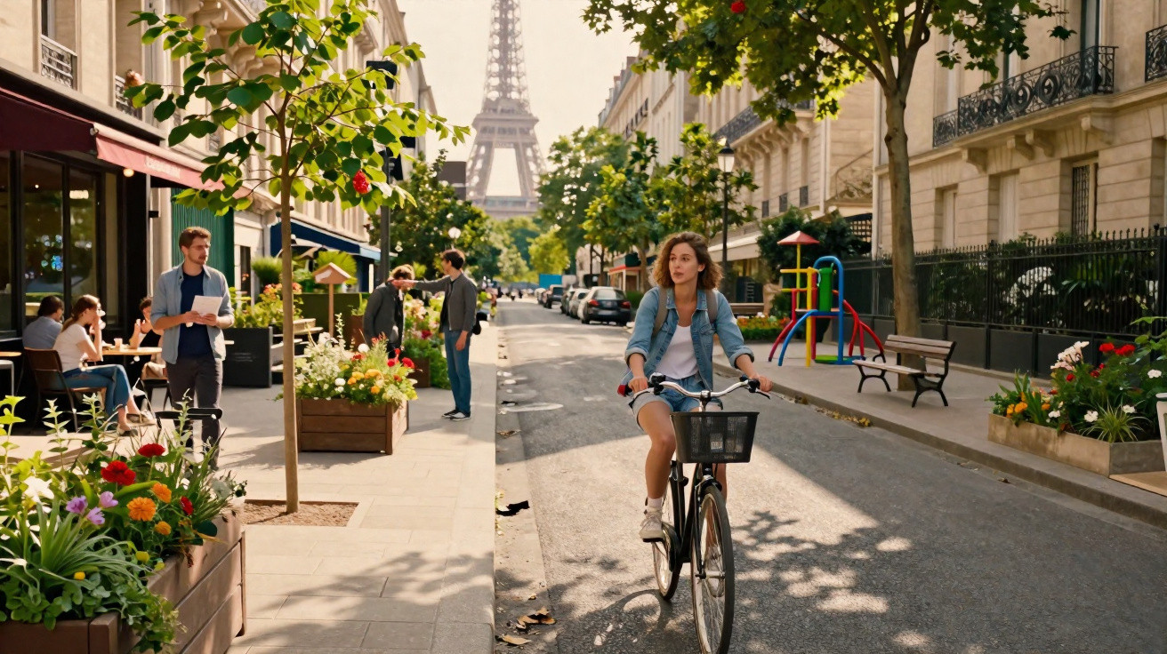 Young woman cycling on a Paris street with the Eiffel Tower in the background on a sunny day.