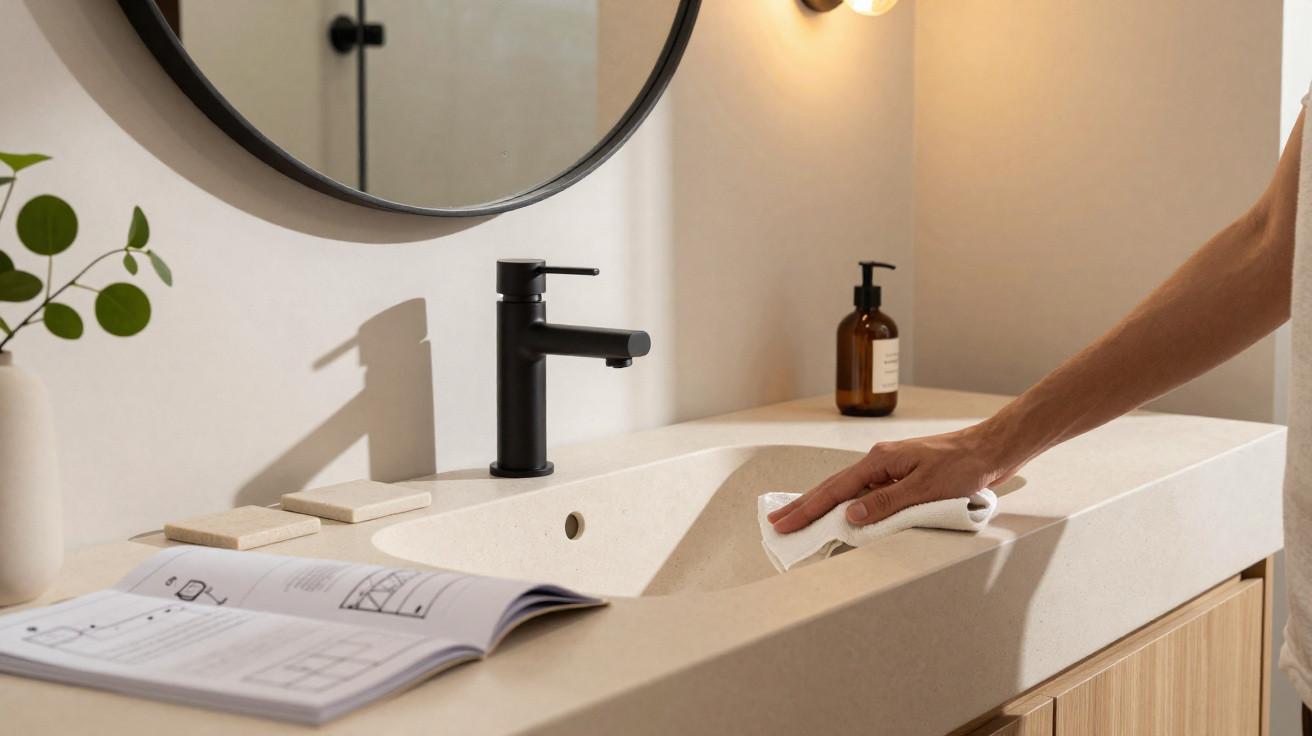 Person cleaning a modern beige bathroom sink with a black faucet and round mirror above.