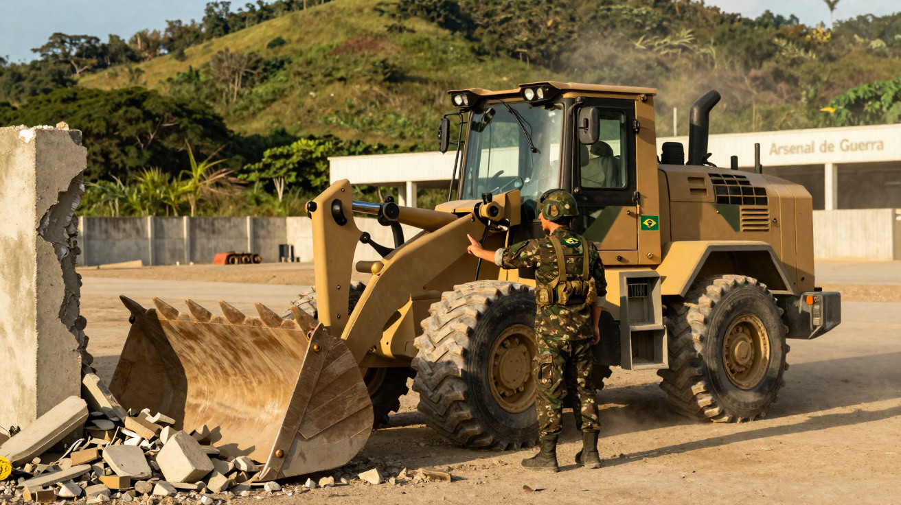 Soldier in camouflage uniform directing a tan bulldozer clearing concrete rubble outdoors.