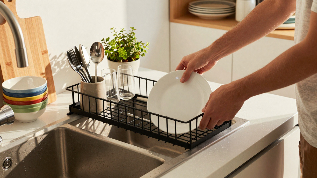 Person placing a white plate into a black dish rack beside a kitchen sink with utensils and bowls nearby.