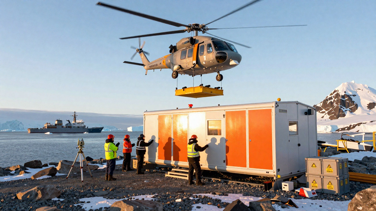 Helicopter airlifting a modular building in a snow-covered polar research station with workers guiding it and ship in the bac