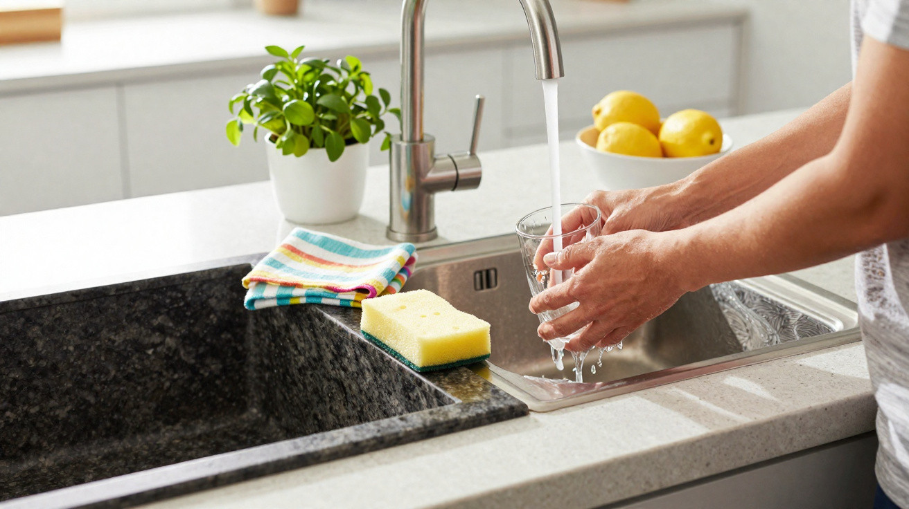 Person rinsing a glass under a kitchen tap with a sponge and cloth nearby and a bowl of lemons in background.