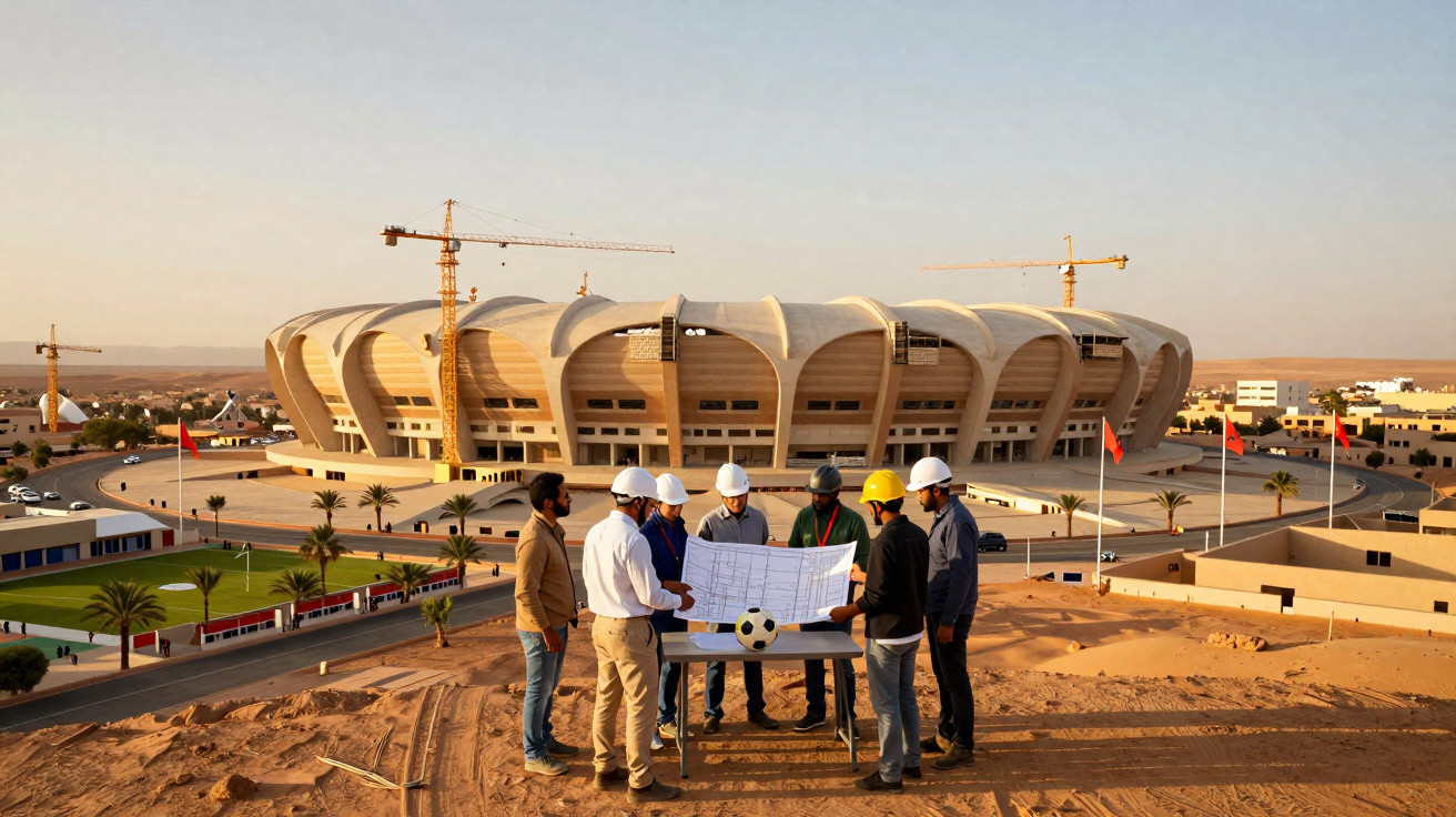 Group of engineers in safety helmets reviewing plans at a construction site with a modern stadium in the background.