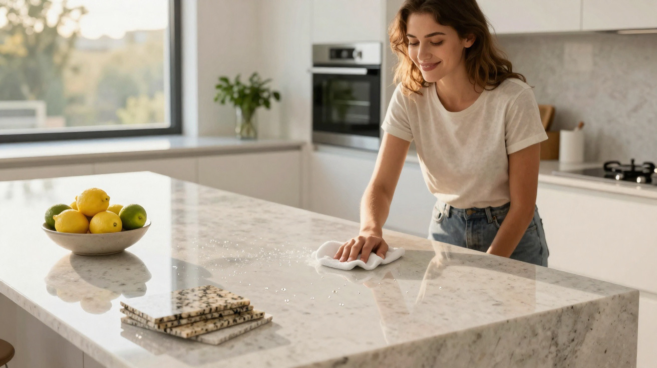 Woman cleaning a marble kitchen island with a cloth, lemon bowl and notebooks on the counter nearby.