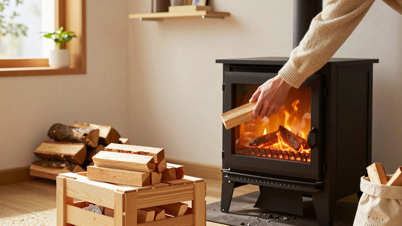Hand placing a piece of wood into a lit black wood-burning stove in a cosy living room.