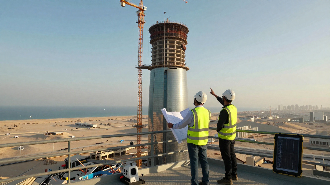 Two construction workers in helmets and vests reviewing plans on a rooftop overlooking a tall building under construction.