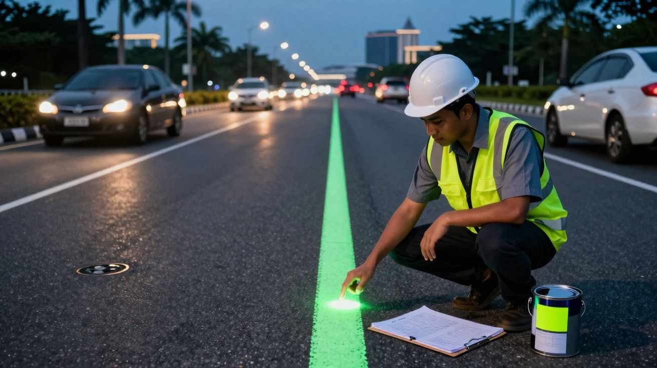 Worker in a hard hat and high-visibility vest painting a green line on a road at dusk with cars passing by.