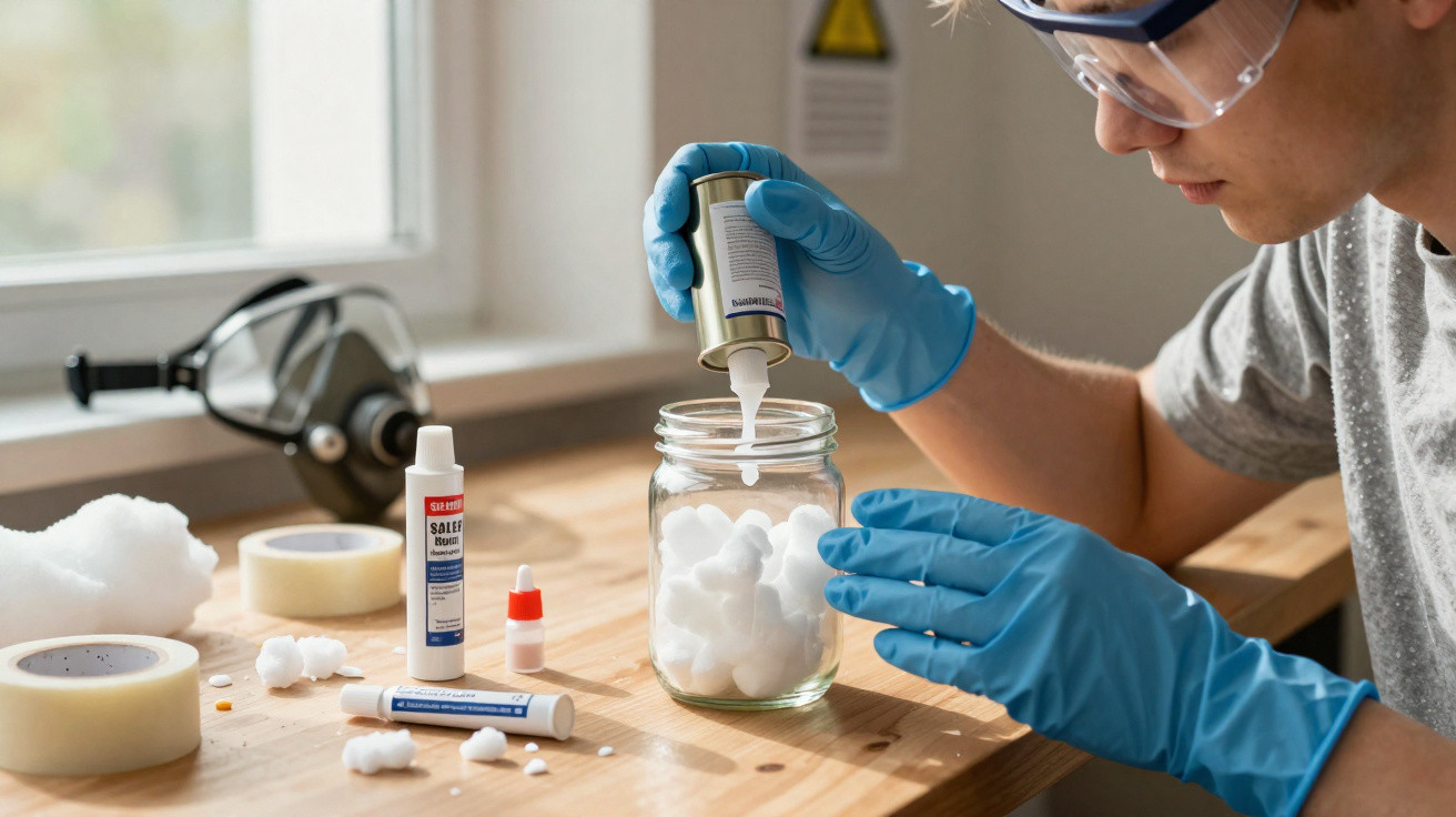 Person wearing blue gloves and safety glasses applying glue to cotton balls in a jar on a wooden table.