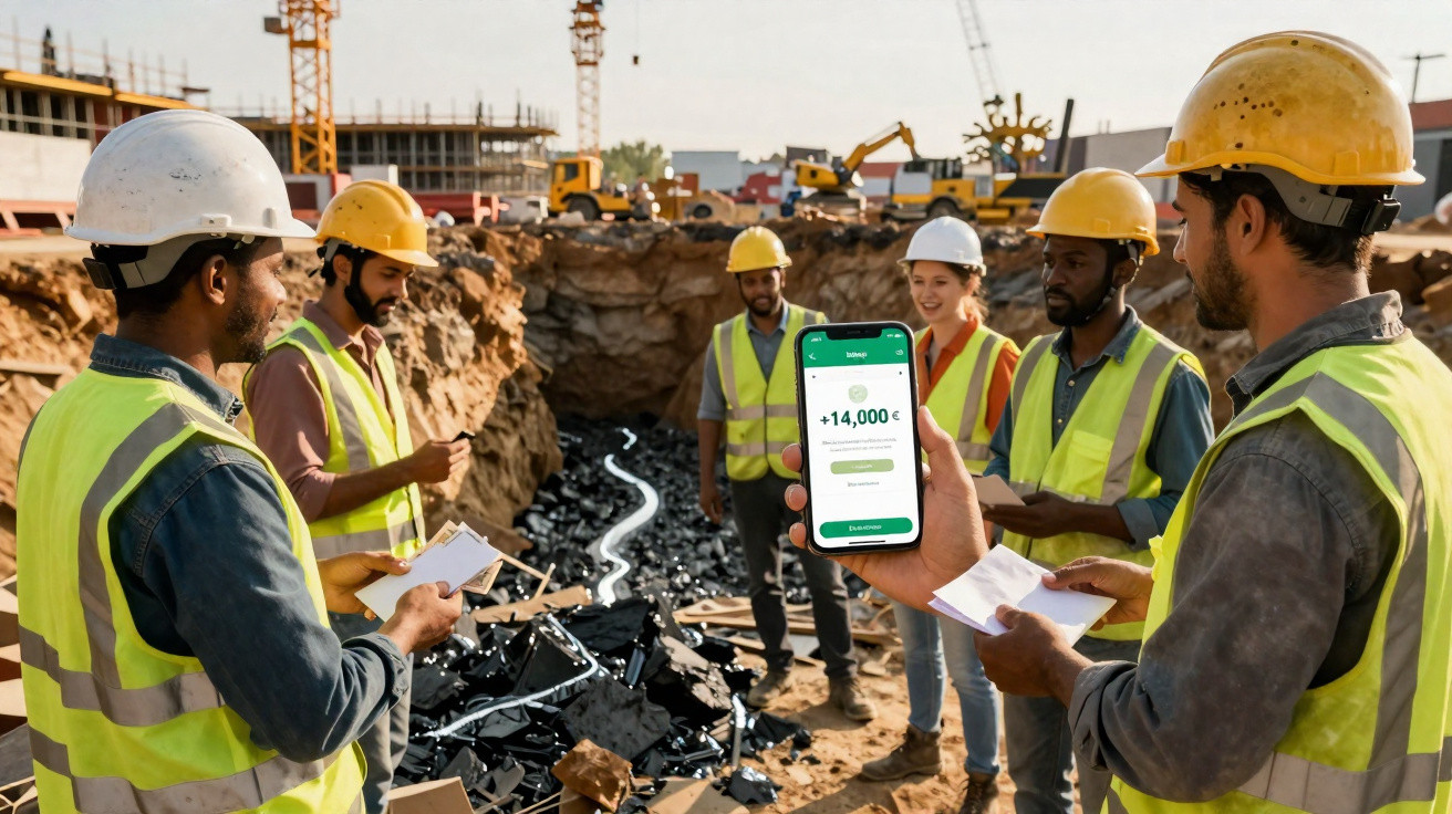 Construction workers in safety gear discussing plans at a site, one holding a phone displaying a financial app.