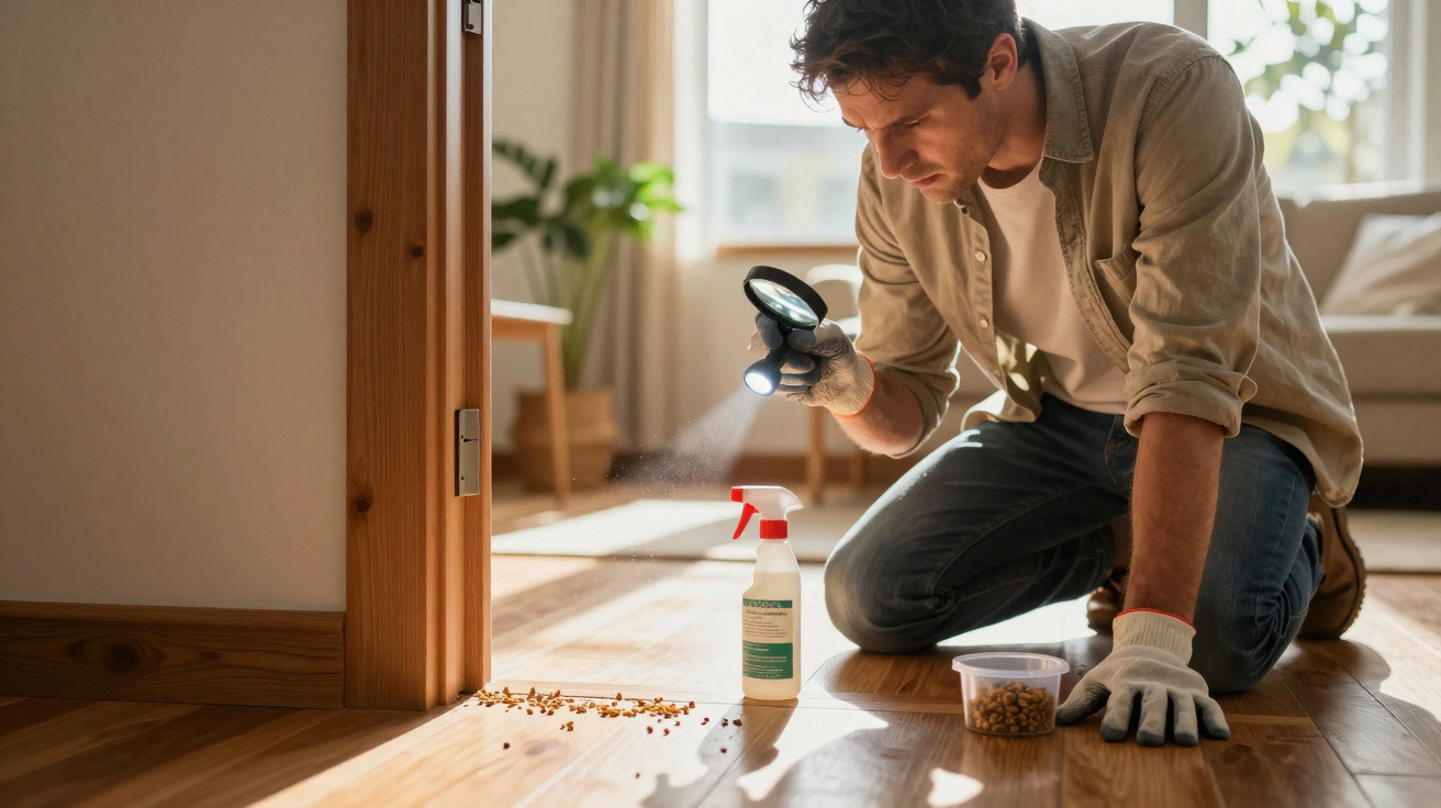 Man kneeling on wooden floor inspecting pest spray and insect bait with magnifying glass and torch light.