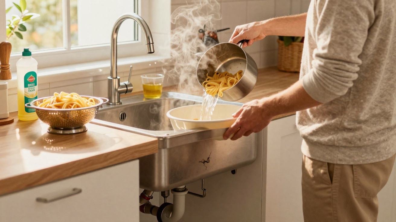 Person draining steaming pasta from a pot into a colander over a kitchen sink.