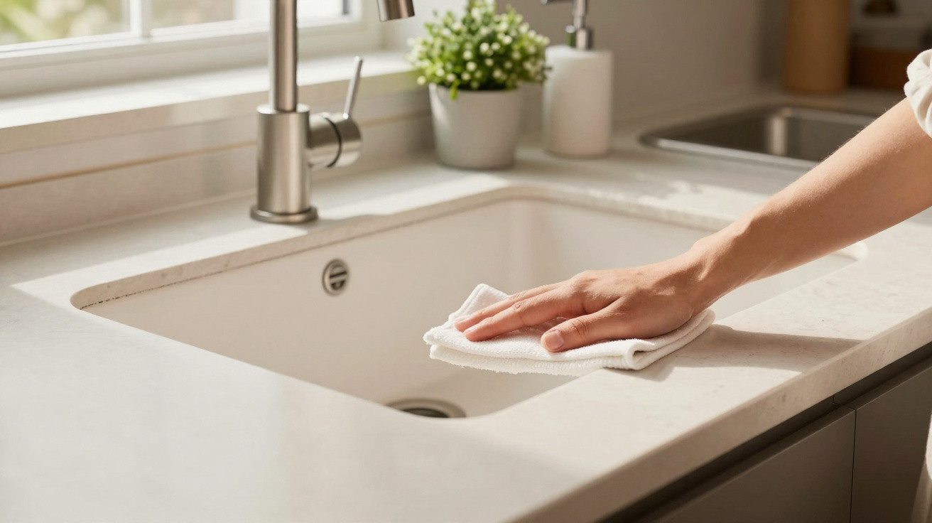 Hand wiping clean white kitchen sink with cloth under natural light by window and potted plant.