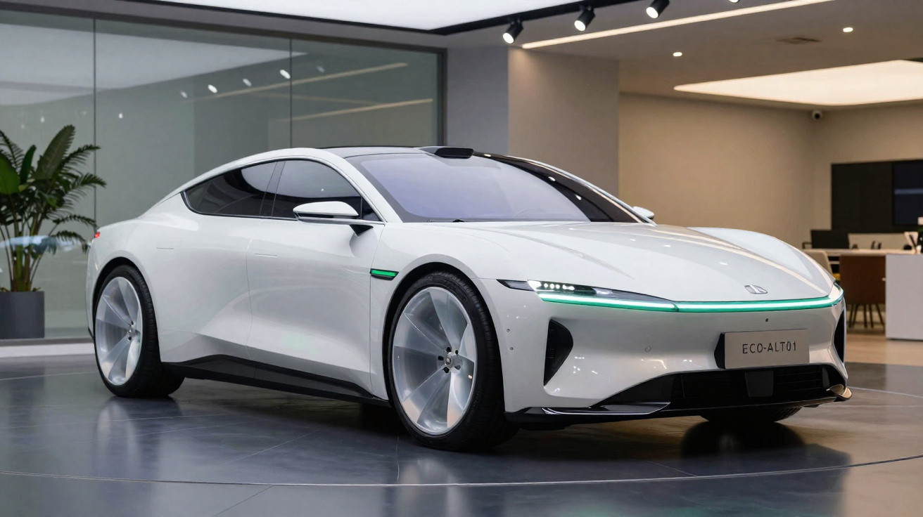 White futuristic electric sports car displayed indoors with sleek design and illuminated green front light strip
