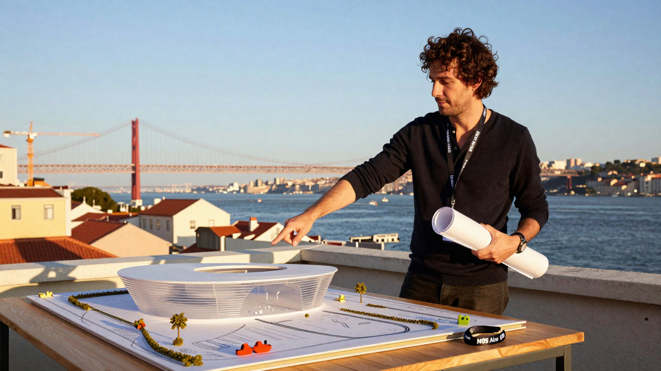 Man presenting architectural model on a table with river and bridge in the background at sunset.