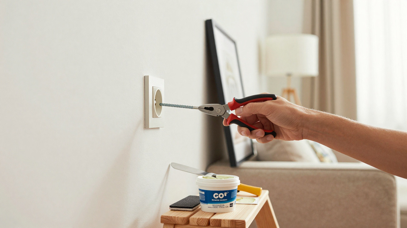 Hand using pliers to insert a flexible cleaning brush into a wall socket with cleaning supplies nearby.