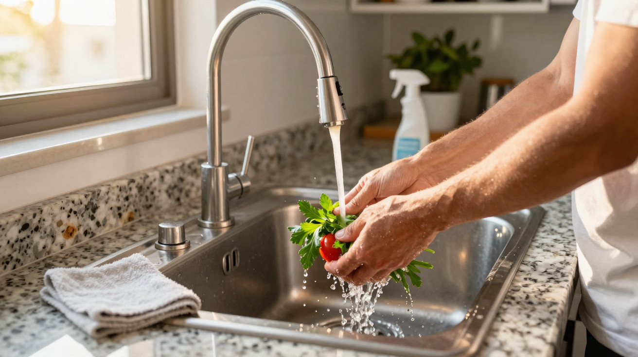 Person washing fresh parsley and tomatoes under running tap water in a modern kitchen sink.