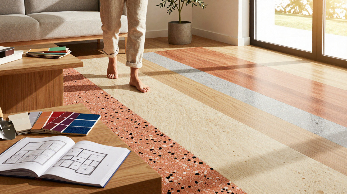 Person walking barefoot on patterned terrazzo and wooden flooring in a sunlit modern living room.