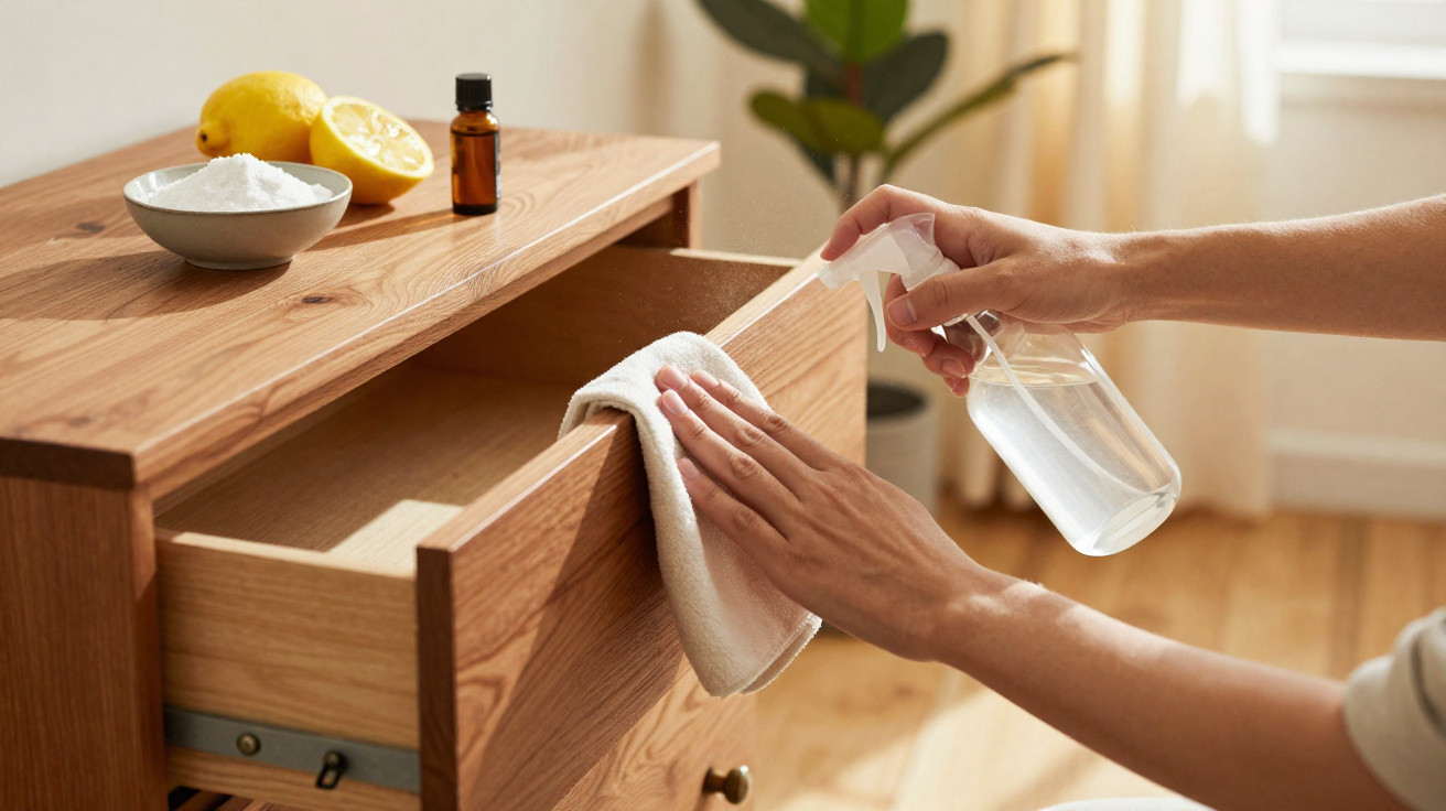 Person cleaning wooden drawer with cloth and spray bottle, lemons, baking soda, and essential oil on top.
