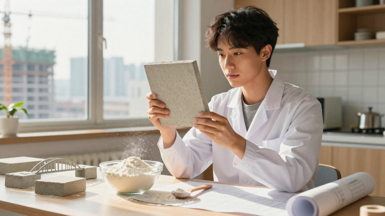 Scientist in a white lab coat examining a concrete sample in a bright room with construction models.
