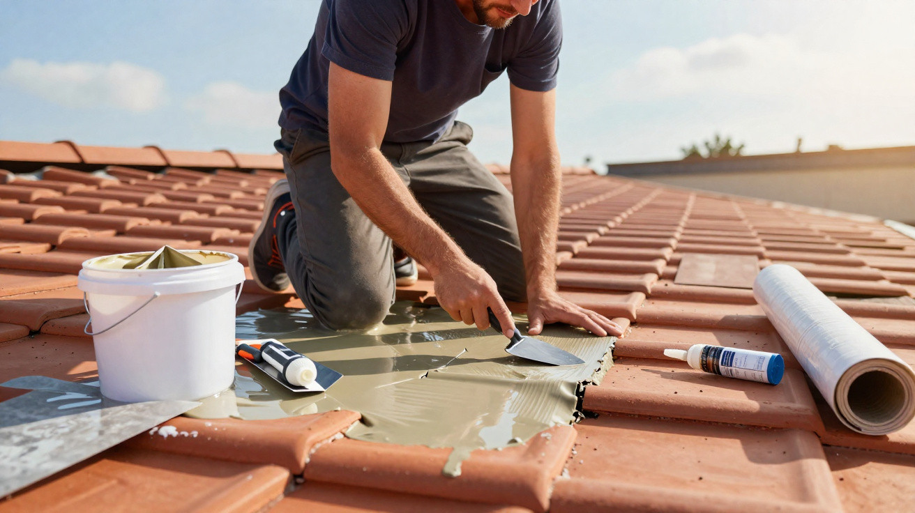 A man kneeling on a tiled roof applies adhesive with a putty knife to repair or install roofing material.