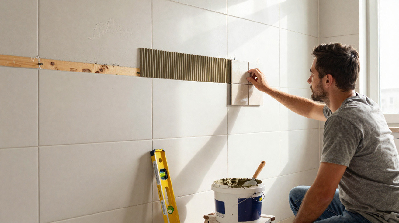 Man installing white ceramic wall tiles in a room with a spirit level and tile adhesive on the floor.