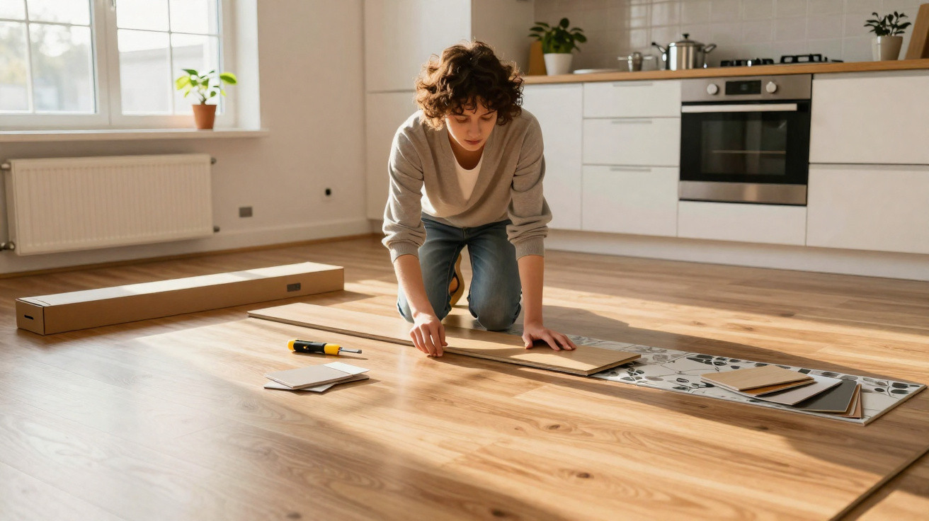 Person kneeling on wooden floor unpacking and assembling flat-pack furniture in a bright kitchen.