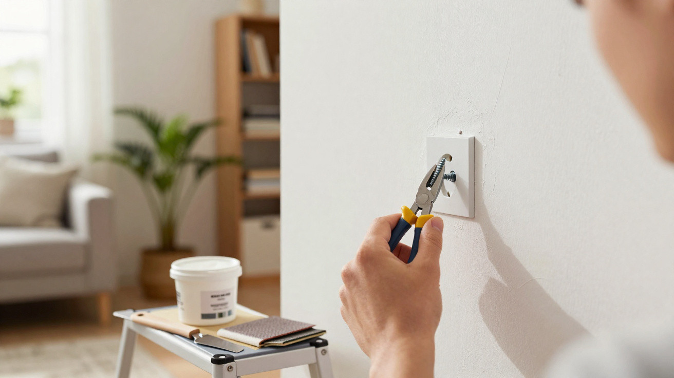 Person using pliers to unscrew a wall socket cover in a bright, organised living room.